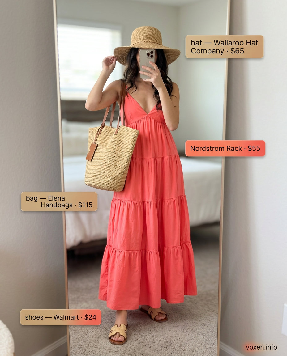 Breathable hot weather summer outfits for women 2026: Coral maxi dress, straw tote, and raffia sandals for beach days.