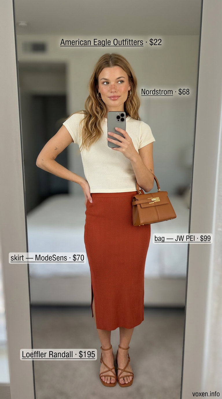 Breathable hot weather summer outfits for women 2026: Terracotta linen skirt, cream crop top, tan sandals, cognac bag.