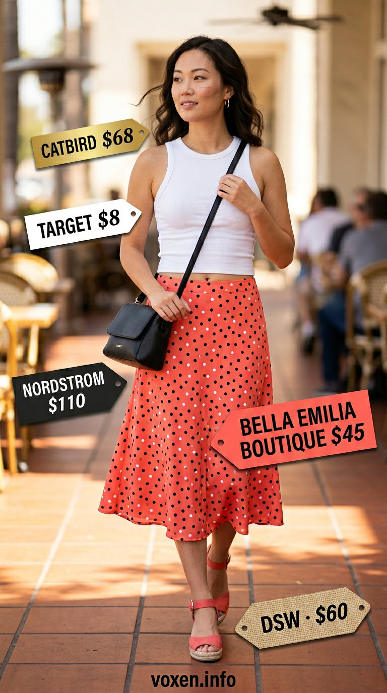 Breathable hot weather summer outfits for women 2026: Polka dot midi skirt, white tank, black bag, coral espadrilles.