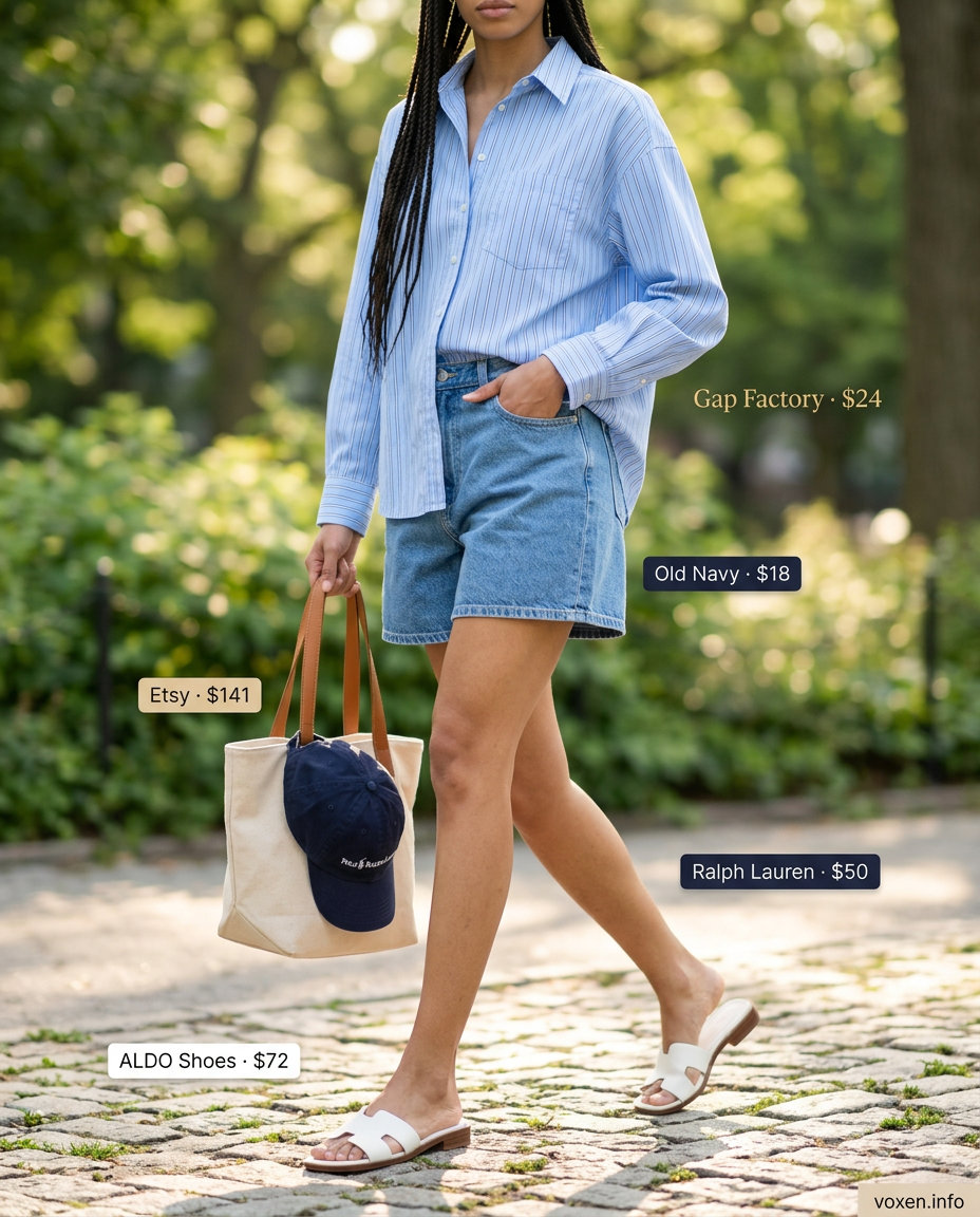 Breathable hot weather summer outfits for women 2026: Denim shorts, oversized blue stripe shirt, white slides for city exploring.