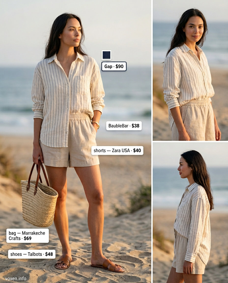 Breathable hot weather summer outfits for women 2026: Cream linen shorts, pinstripe shirt, straw tote for vacation.
