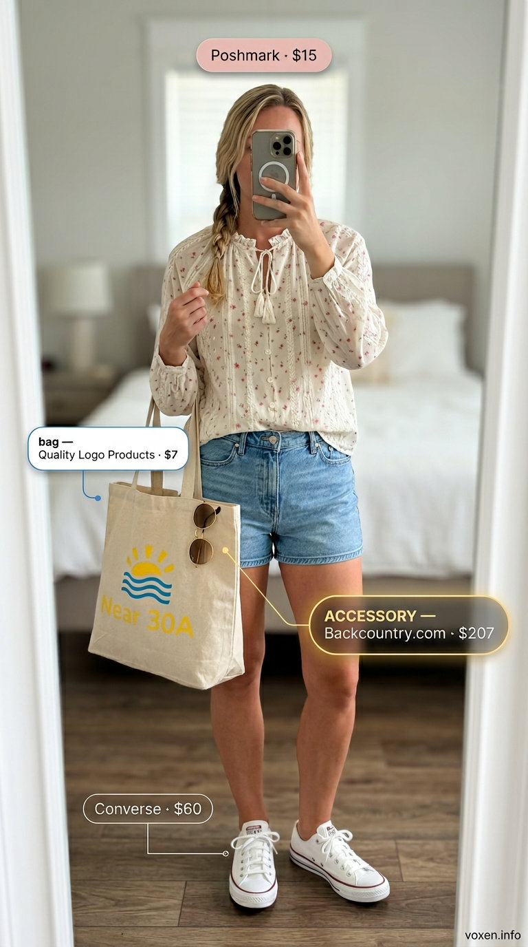 Denim shorts with floral peasant blouse, canvas tote, and sneakers for breathable hot weather summer outfits for women 2026.