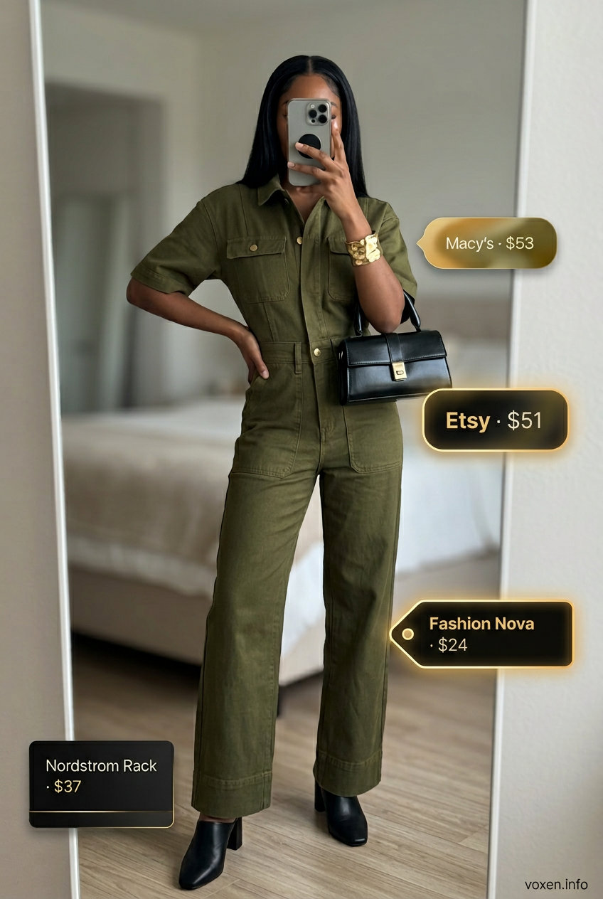 Breathable hot weather summer outfits for women 2026: Olive utility jumpsuit, black mules, black bag, gold bracelet.