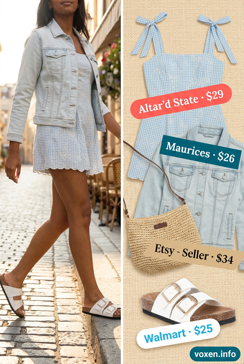 Breathable hot weather summer outfits for women 2026: Pastel gingham romper, denim jacket, straw bag for casual days.