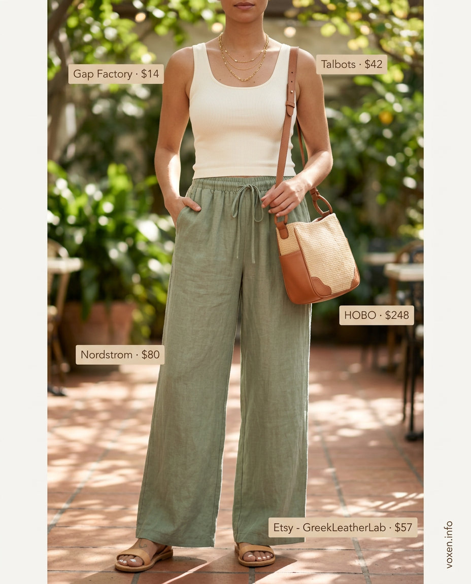 Breathable hot weather summer outfits for women 2026: Sage linen pants, cream tank, straw bag, tan sandals.
