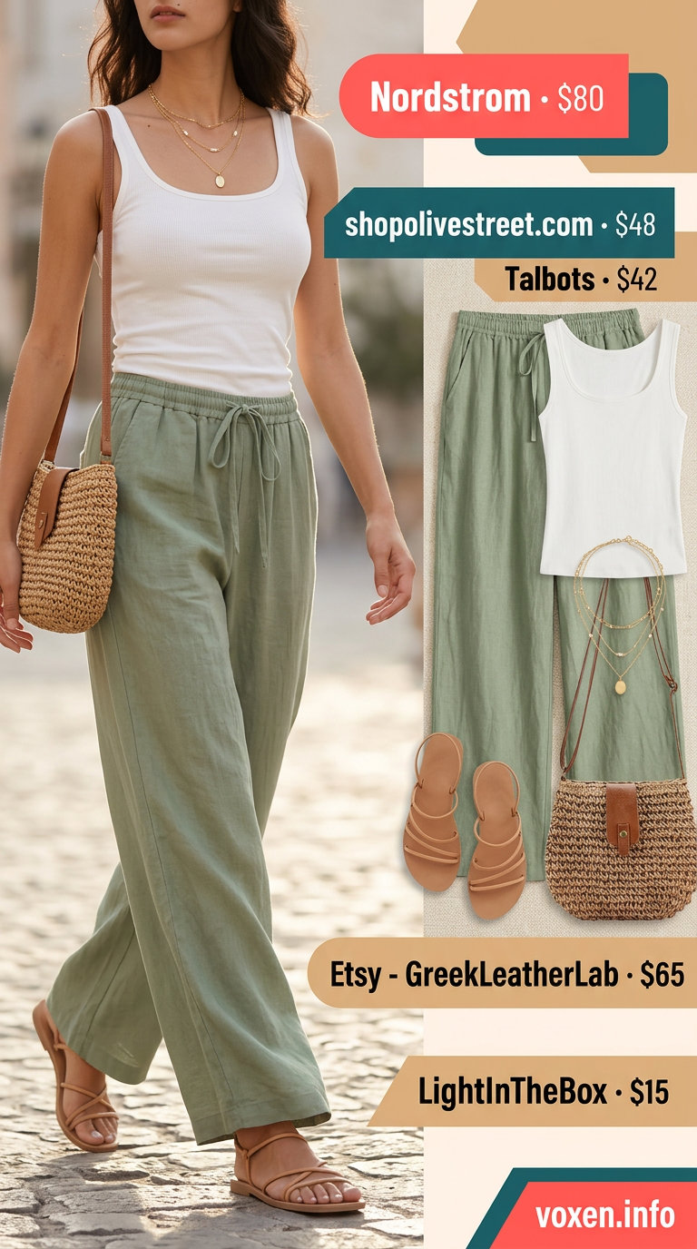 Breathable hot weather summer outfits for women 2026: Sage green linen pants, white tank, tan sandals for brunch.