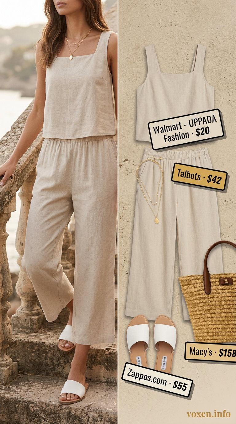 Beige linen pants and tank set with straw tote and slides for breathable hot weather summer outfits for women 2026.