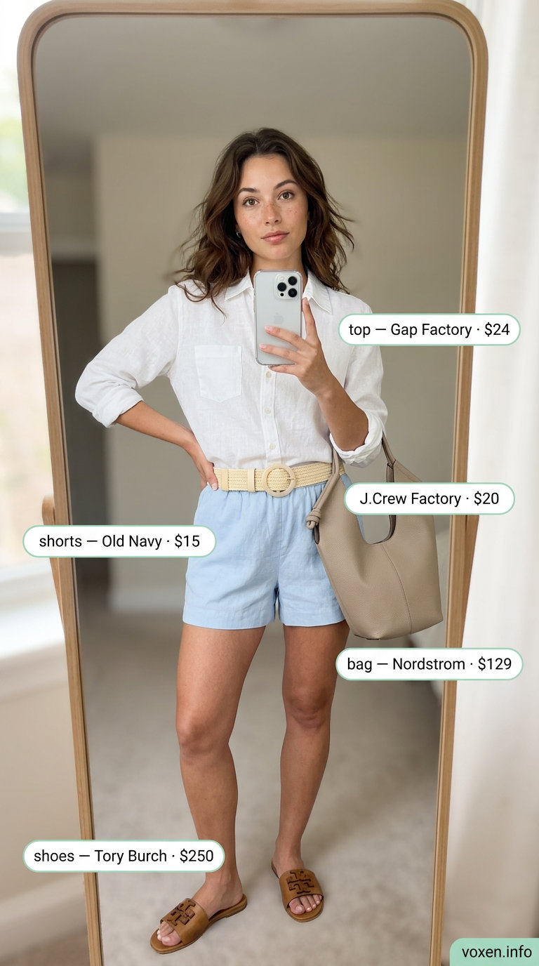 Light blue linen shorts with oversized white button-down and leather slides for breathable hot weather summer outfits for women 2026.