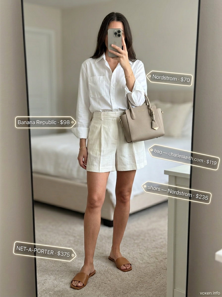 White linen shorts set with beige slides and gold jewelry for breathable hot weather summer outfits for women 2026.