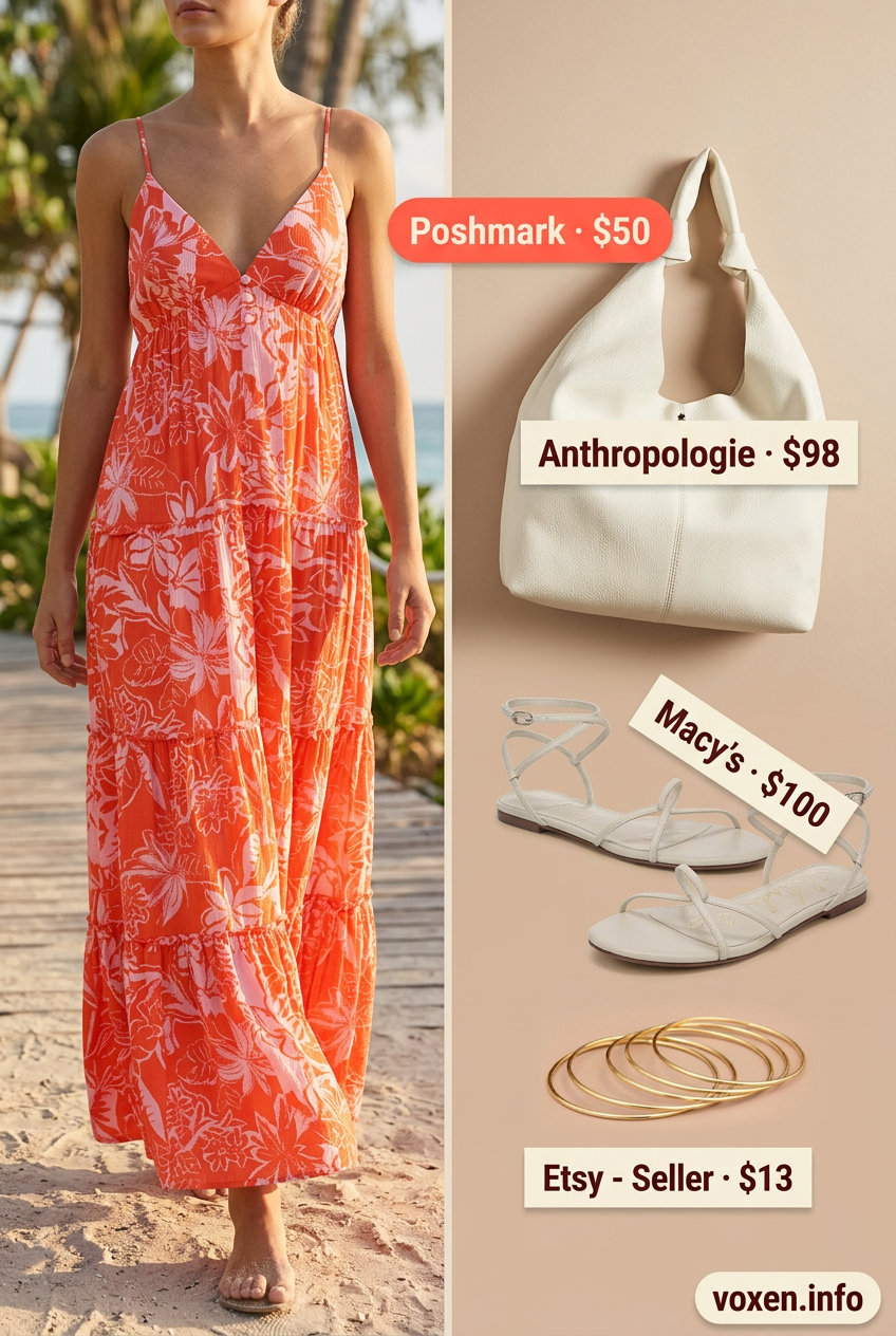 Teal abstract print maxi dress with white sandals and slouchy bag for breathable hot weather summer outfits for women 2026.