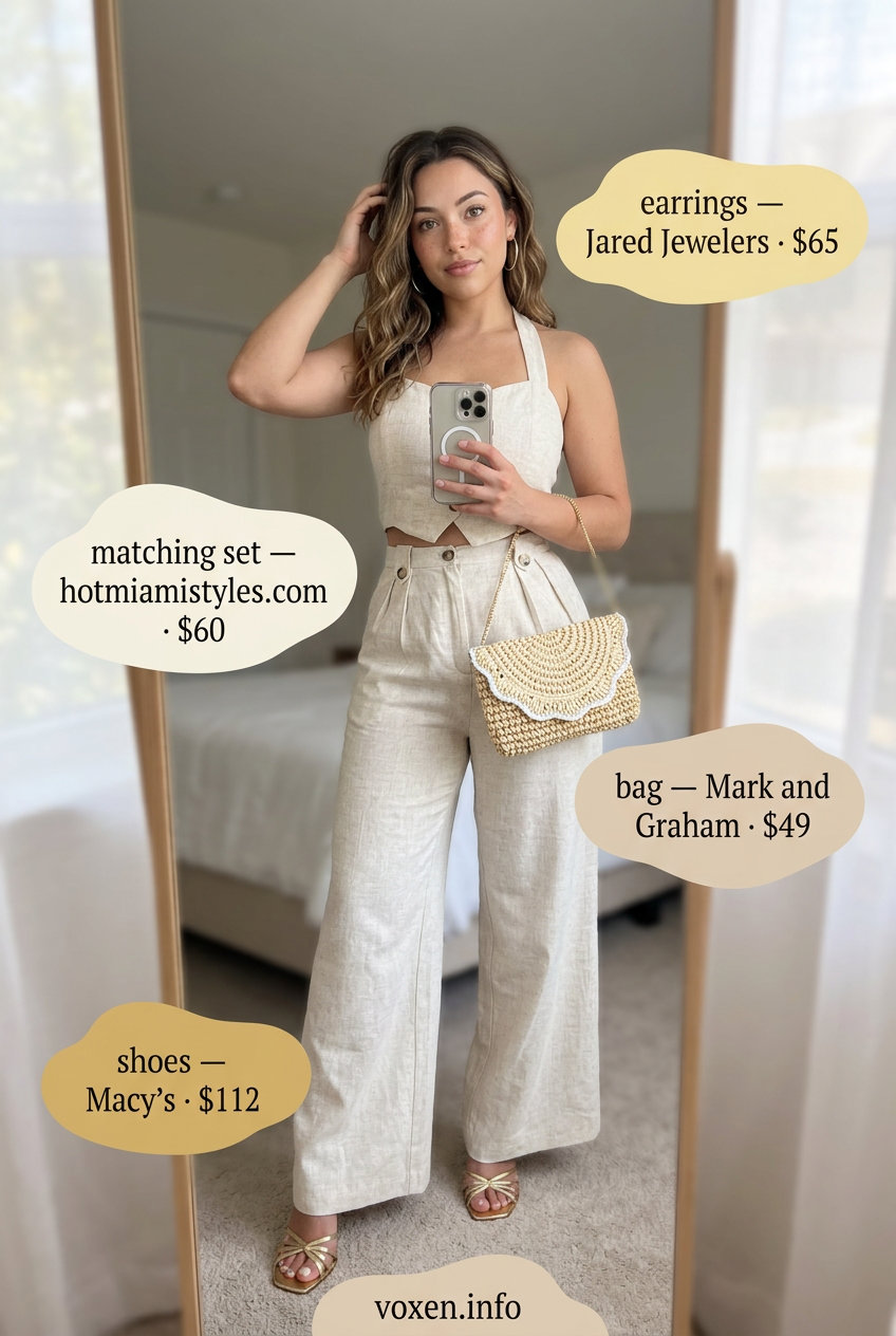Breathable hot weather summer outfits for women 2026: Ivory linen set, gold earrings, raffia clutch, gold sandals.