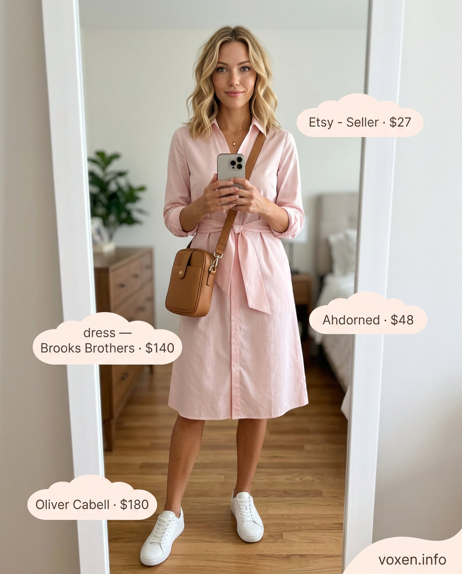 Breathable hot weather summer outfits for women 2026: Blush pink shirtdress, white sneakers, tan crossbody for casual days.