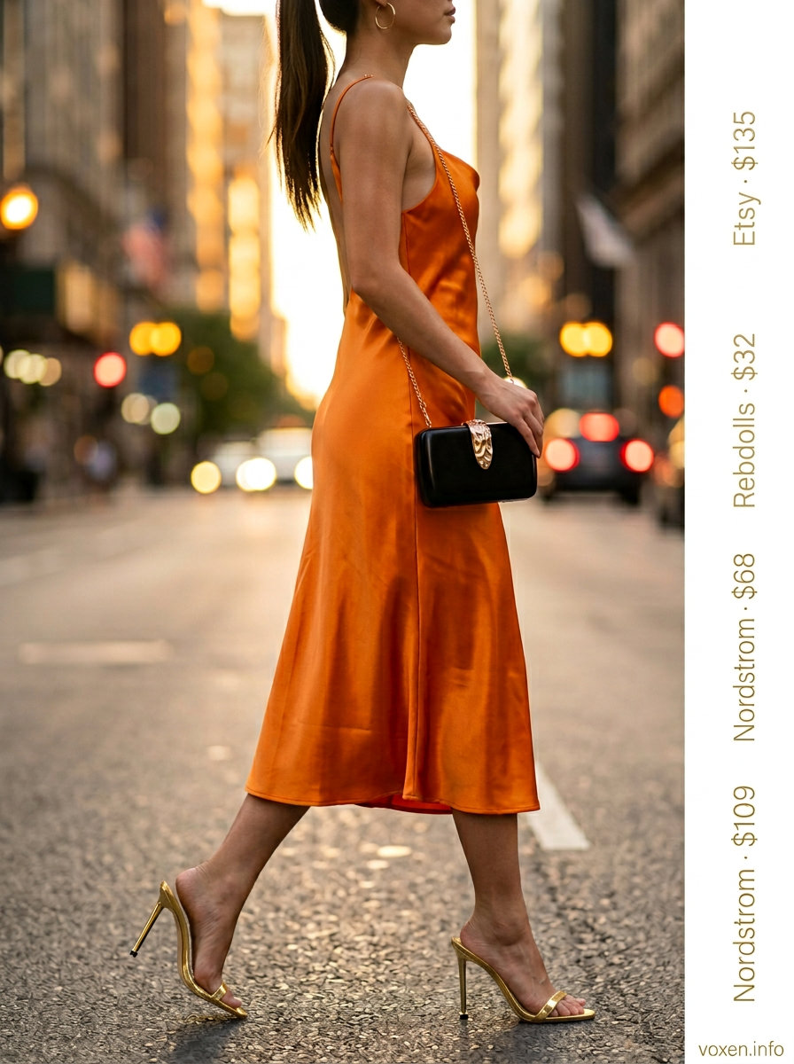 Breathable hot weather summer outfits for women 2026: Mango orange slip dress, black heels, gold jewelry for date night.