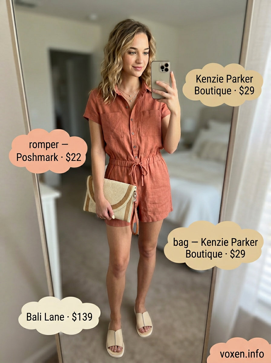 Terracotta linen romper with cream slides and gold necklaces for breathable hot weather summer outfits for women 2026.
