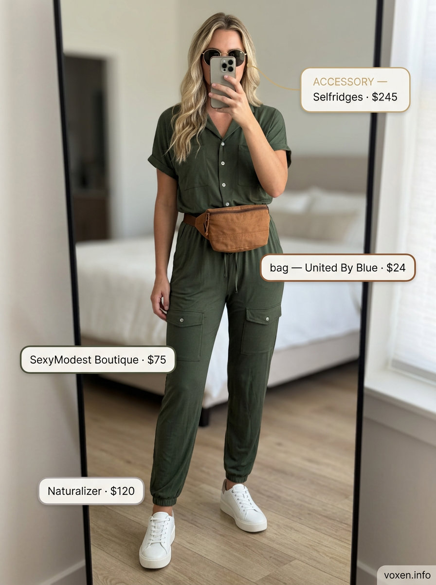 Breathable hot weather summer outfits for women 2026: Olive utility jumpsuit, cream sneakers, canvas belt bag, sunglasses.