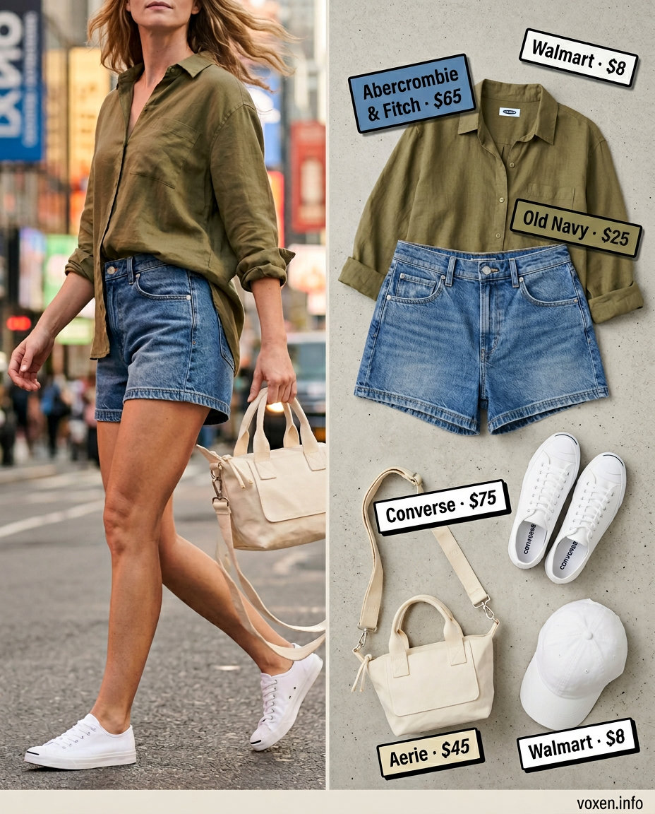 Breathable hot weather summer outfits for women 2026: Olive linen shirt, denim shorts, white cap, crossbody bag, sneakers.