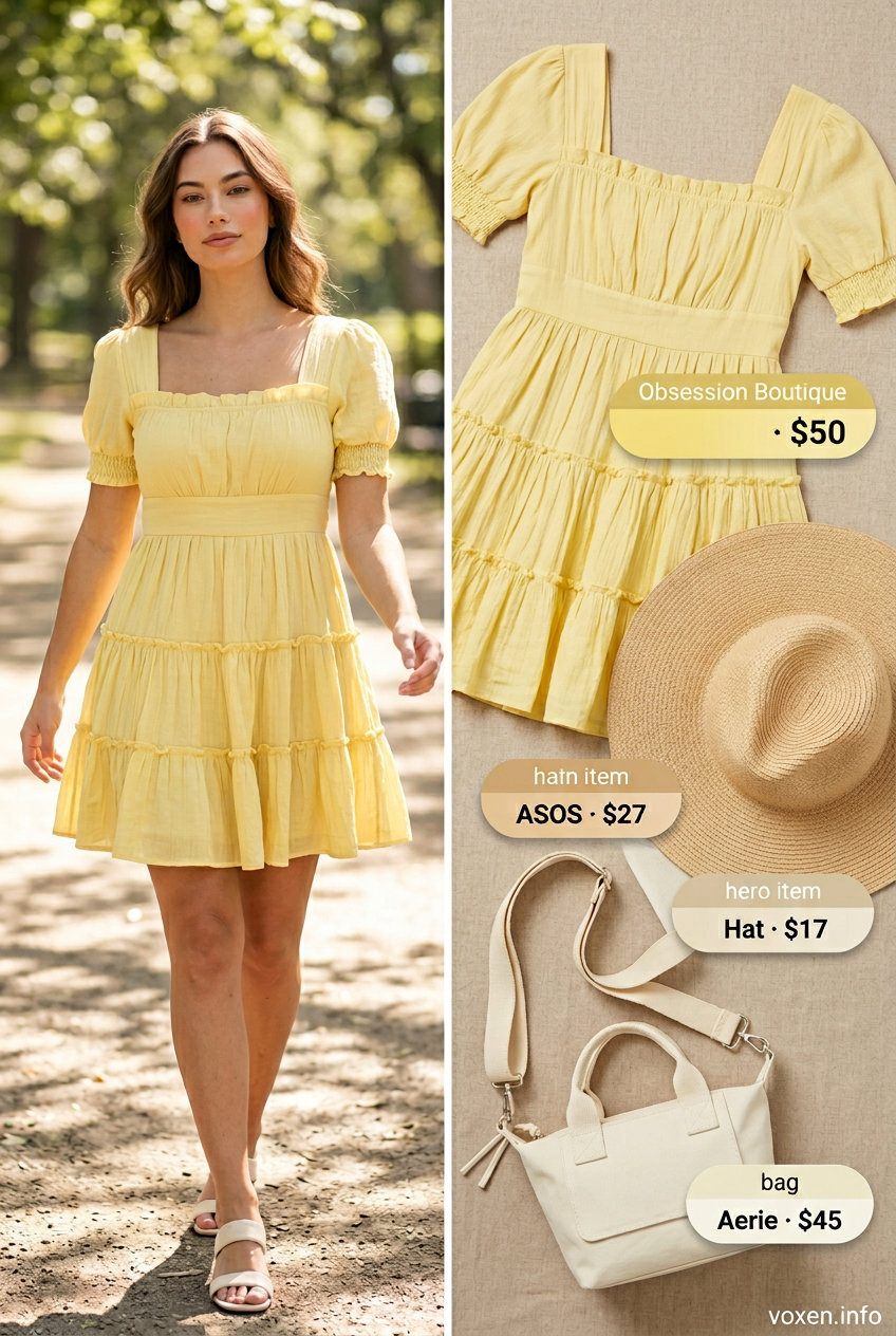 Soft yellow mini dress with straw hat and canvas sneakers for breathable hot weather summer outfits for women 2026.