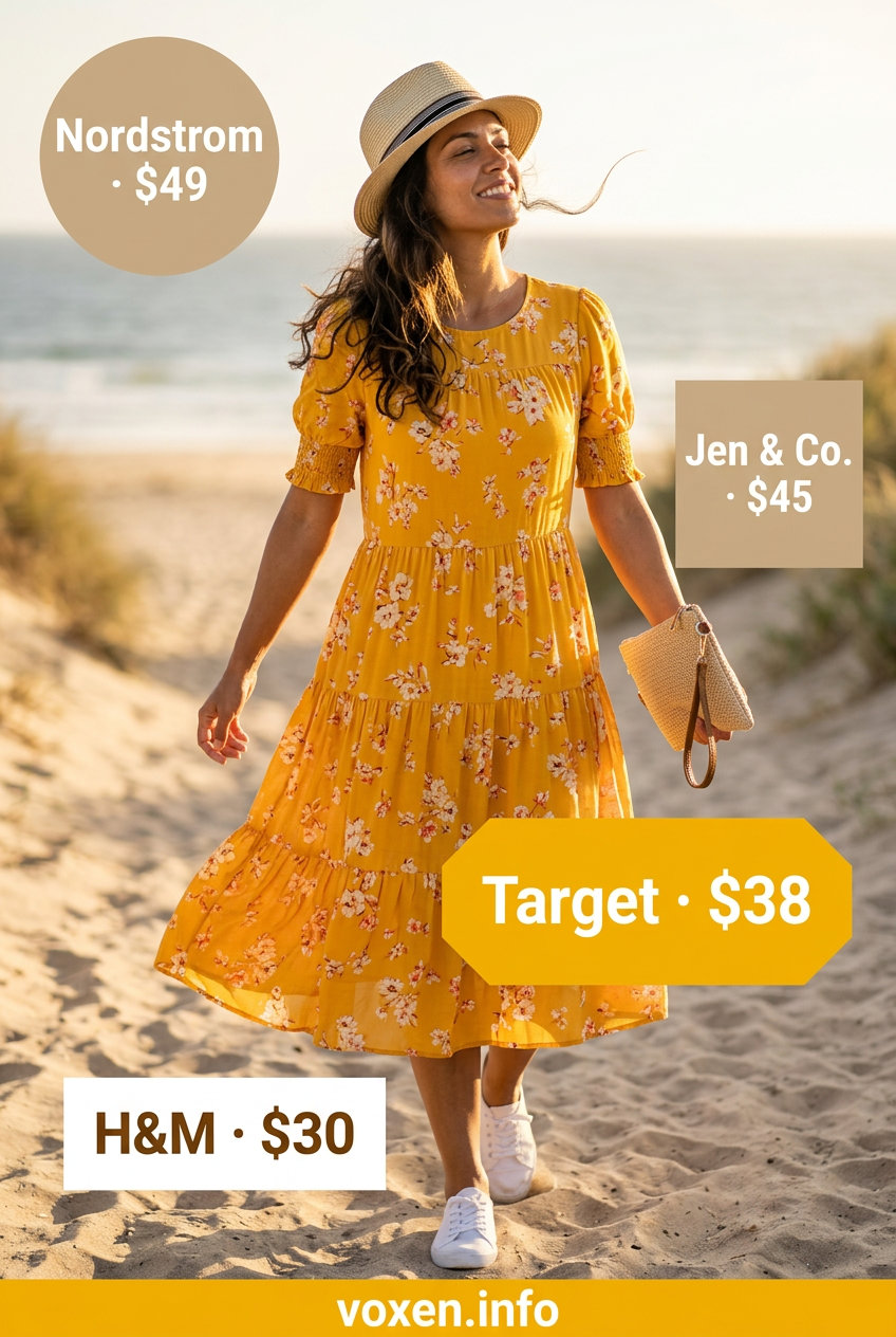 Bright yellow sundress with straw hat and crossbody bag for breathable hot weather summer outfits for women 2026.