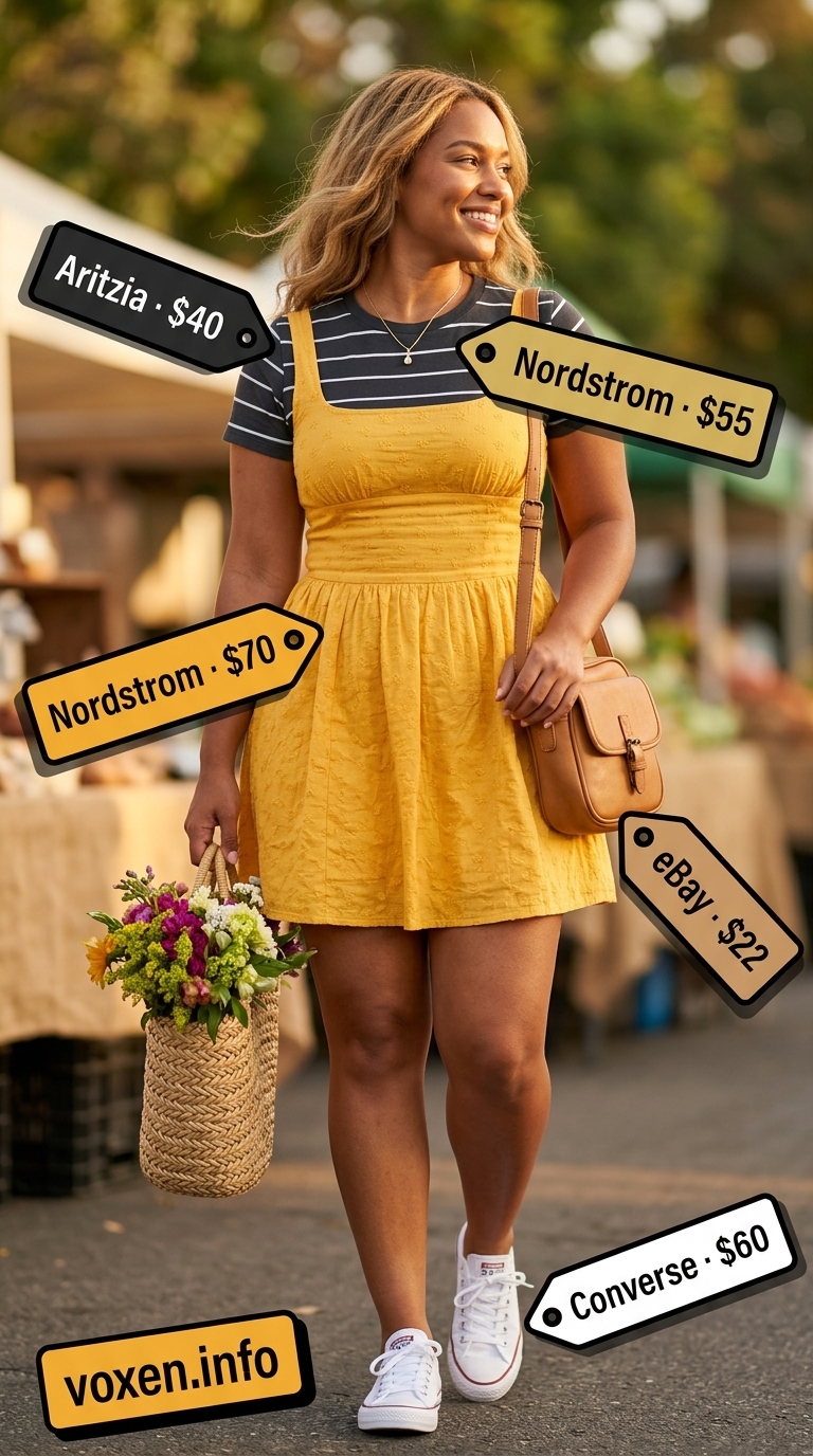 Casual summer t-shirt outfit for women 2026: Yellow sundress, white sneakers, tan crossbody bag.