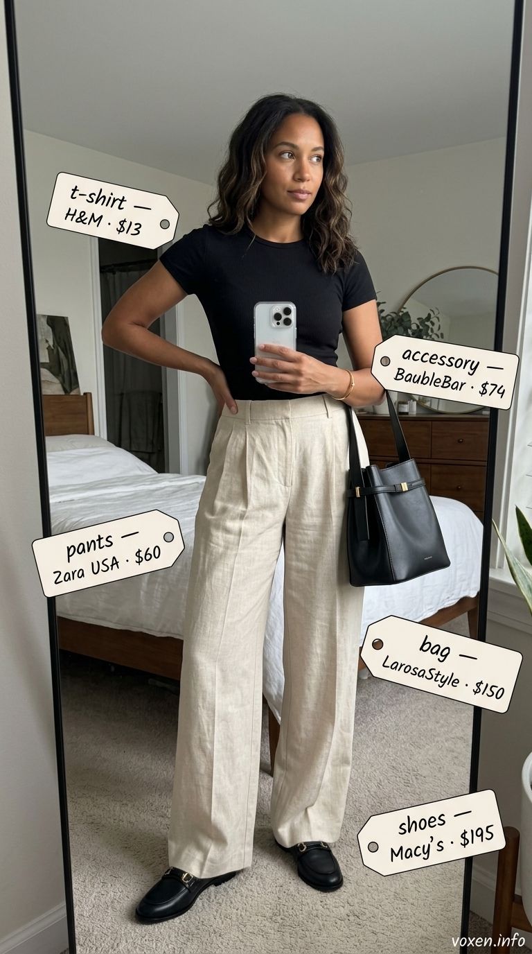 Casual summer t-shirt outfit for women 2026: Beige linen trousers, black fitted tee, gold bracelet.
