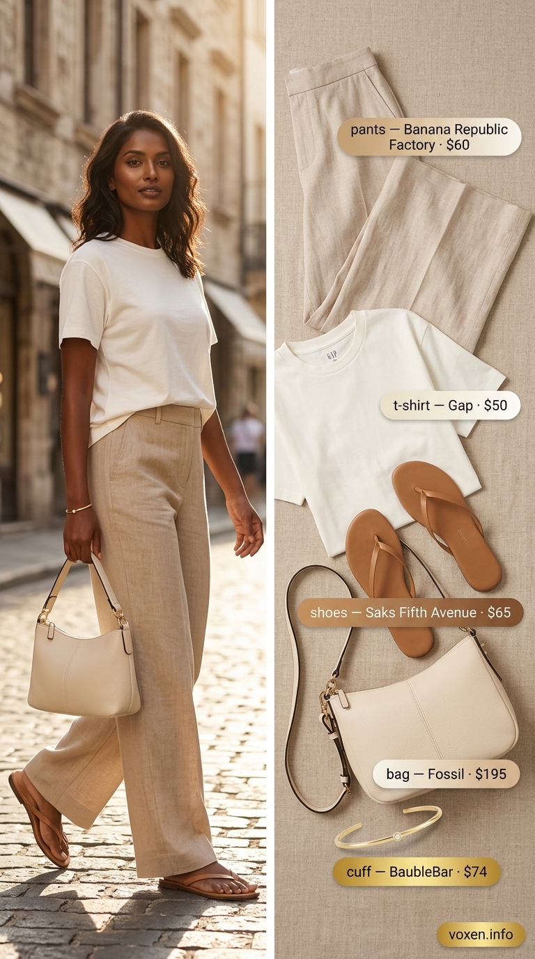 Casual summer t-shirt outfit for women 2026: Beige linen pants, off-white t-shirt, gold bracelet.