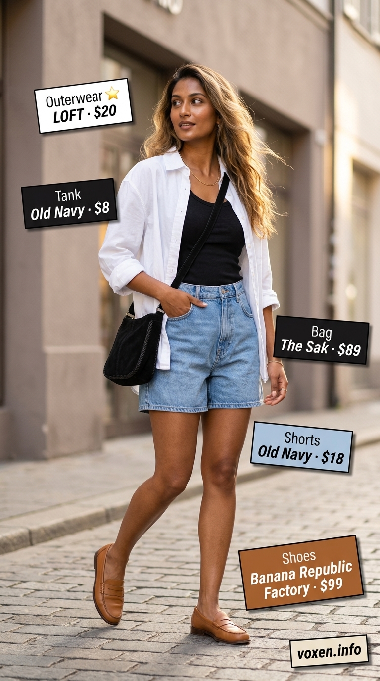 Casual Cool outfit: denim shorts, white oversized shirt, black tank, loafers. Casual summer t-shirt outfit for women 2026.