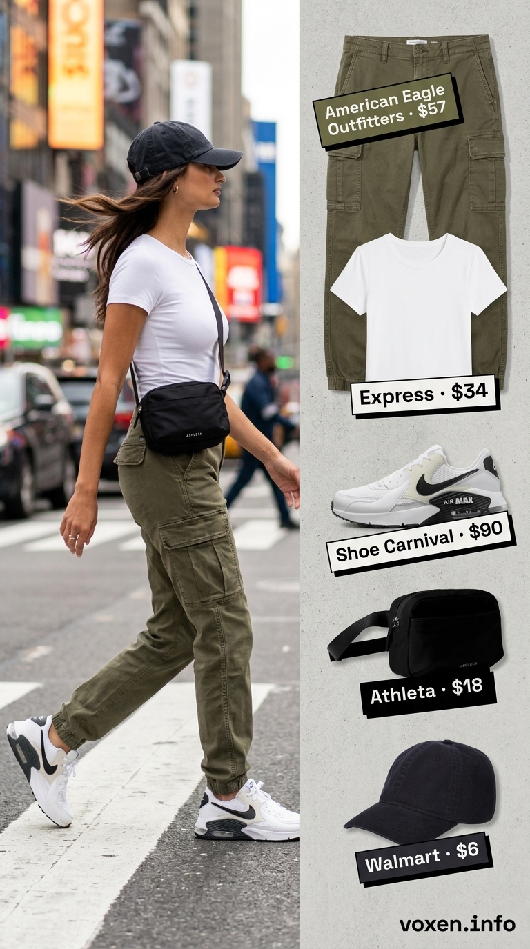 Casual summer t-shirt outfit for women 2026: Olive cargo pants, white tee, black belt bag, dad sneakers.