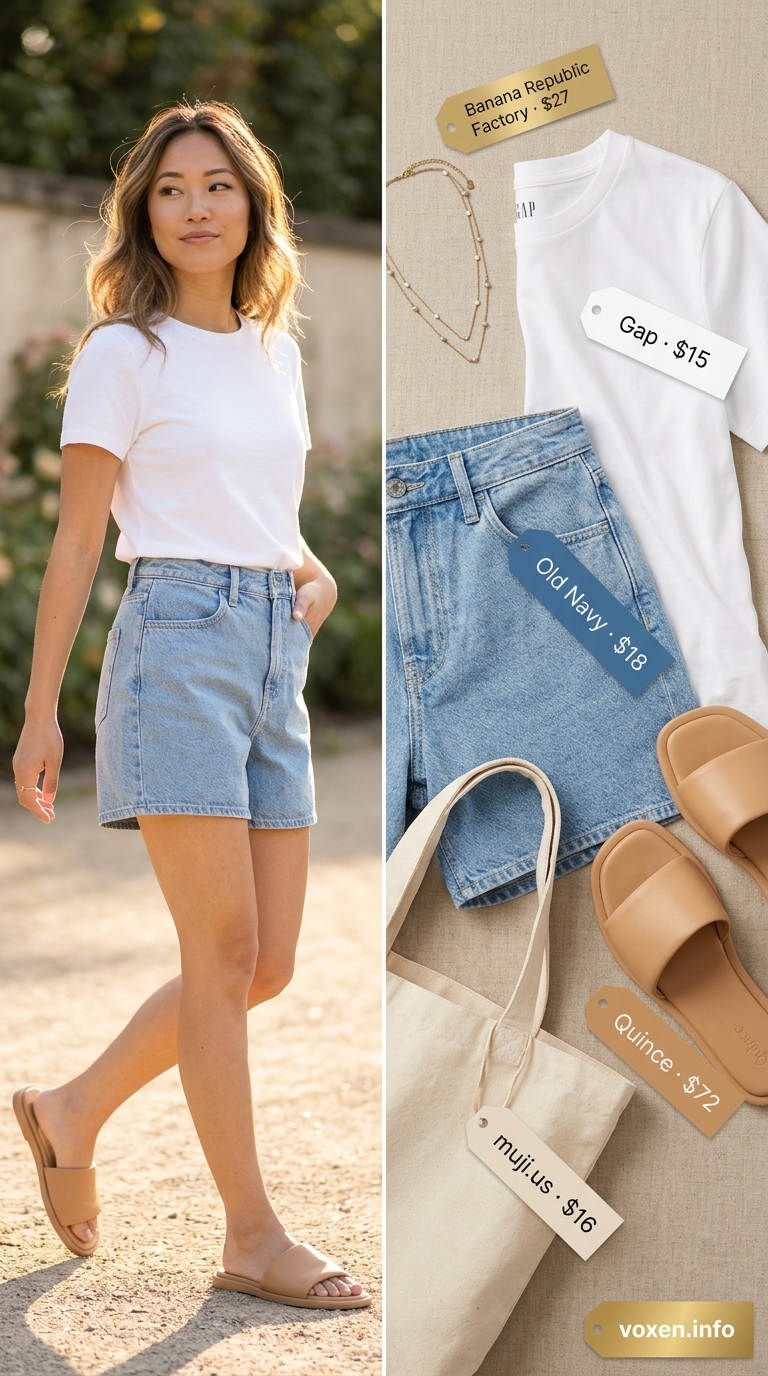 Casual summer t-shirt outfit for women 2026: White tee, denim shorts, leather slides, canvas tote.