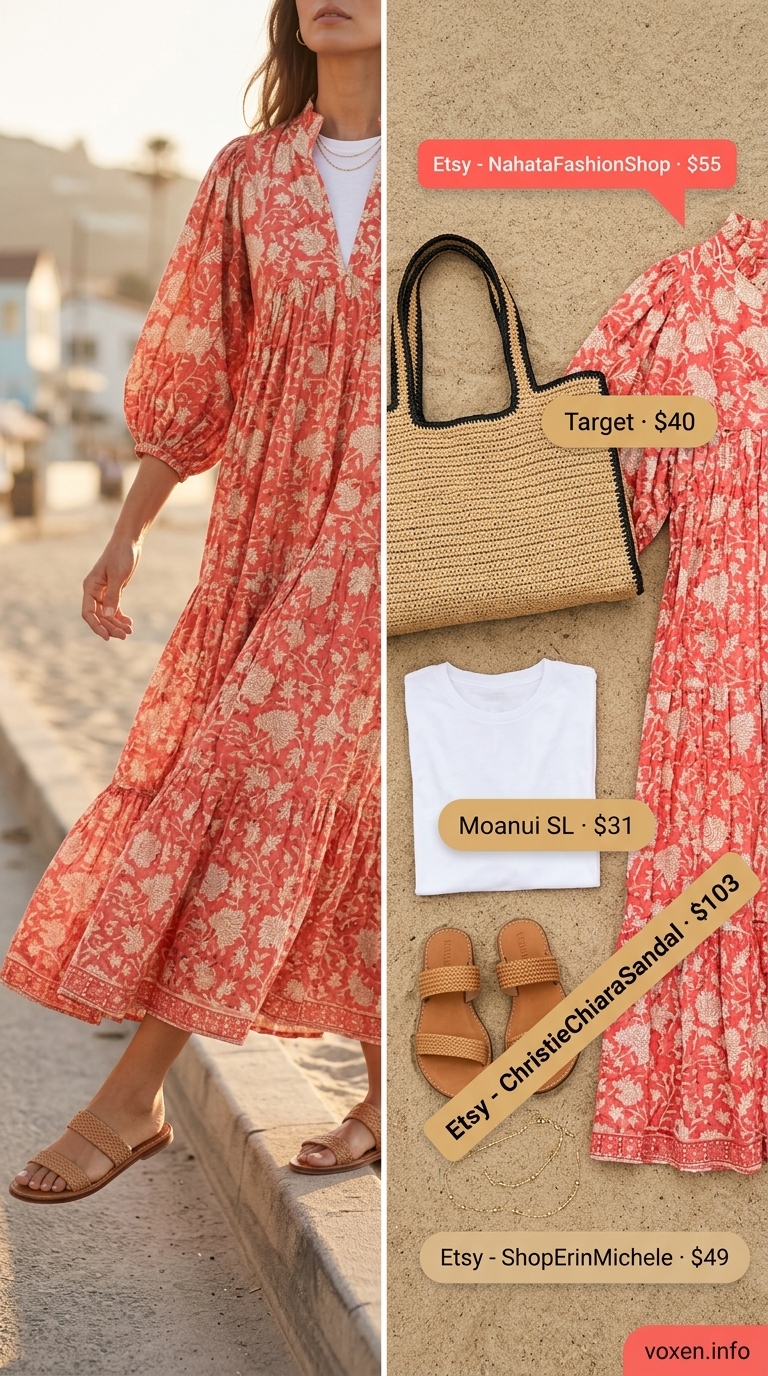 Coastal Breeze maxi dress outfit: coral floral dress, tan sandals, straw tote. Casual summer t-shirt outfit for women 2026.