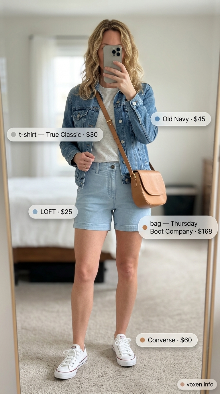 Casual summer t-shirt outfit for women 2026: White tee, denim jacket, black shorts, white sneakers.