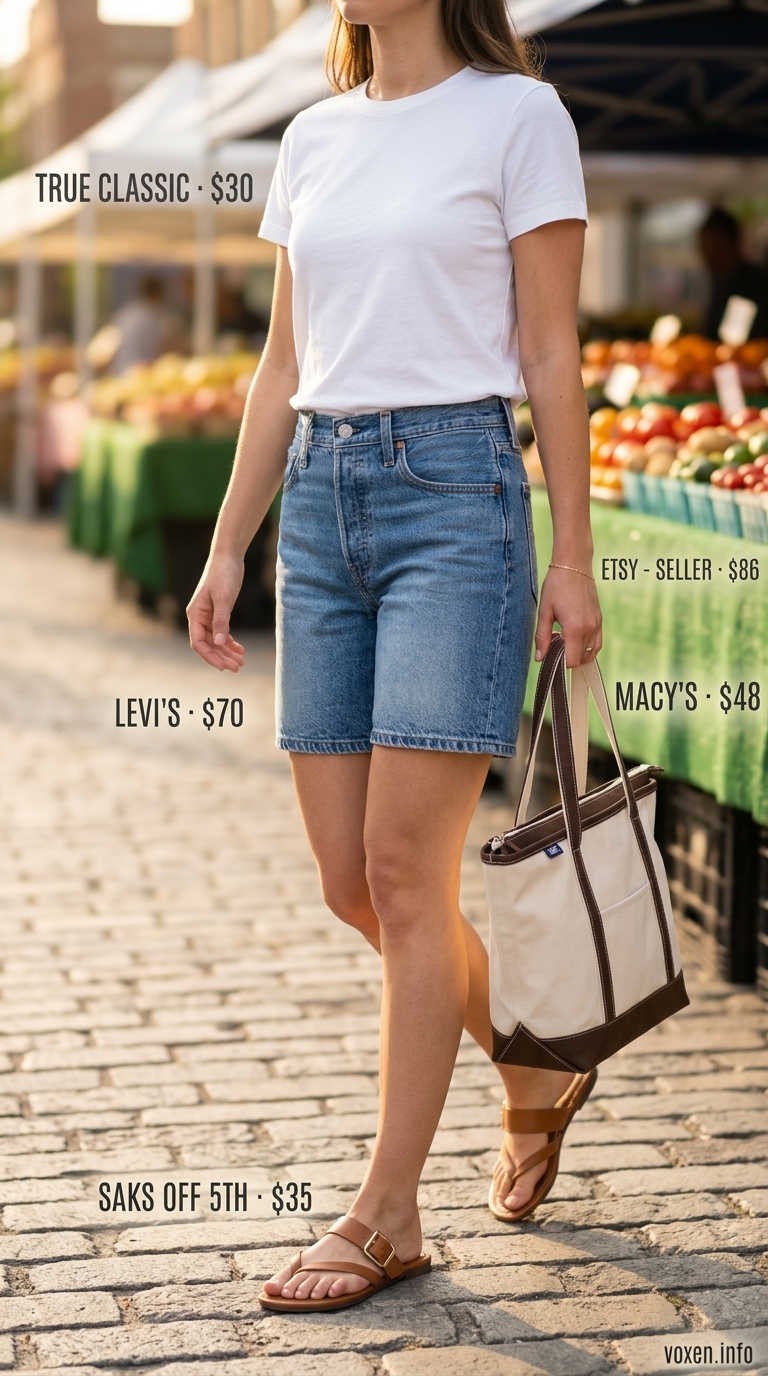 Casual summer t-shirt outfit for women 2026: White tee, denim shorts, tan slides, canvas tote.
