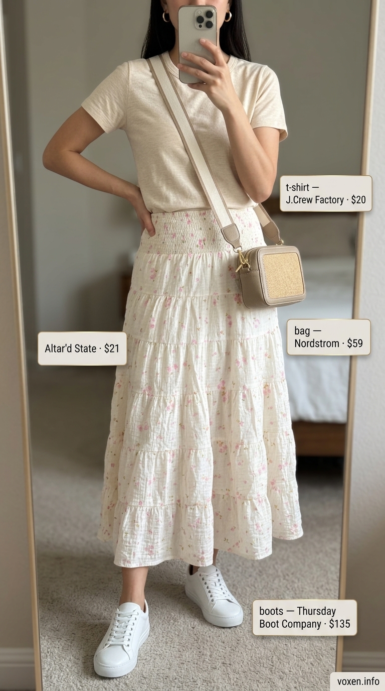 Casual summer t-shirt outfit for women 2026: Cream tee, floral midi skirt, white sneakers, straw bag.