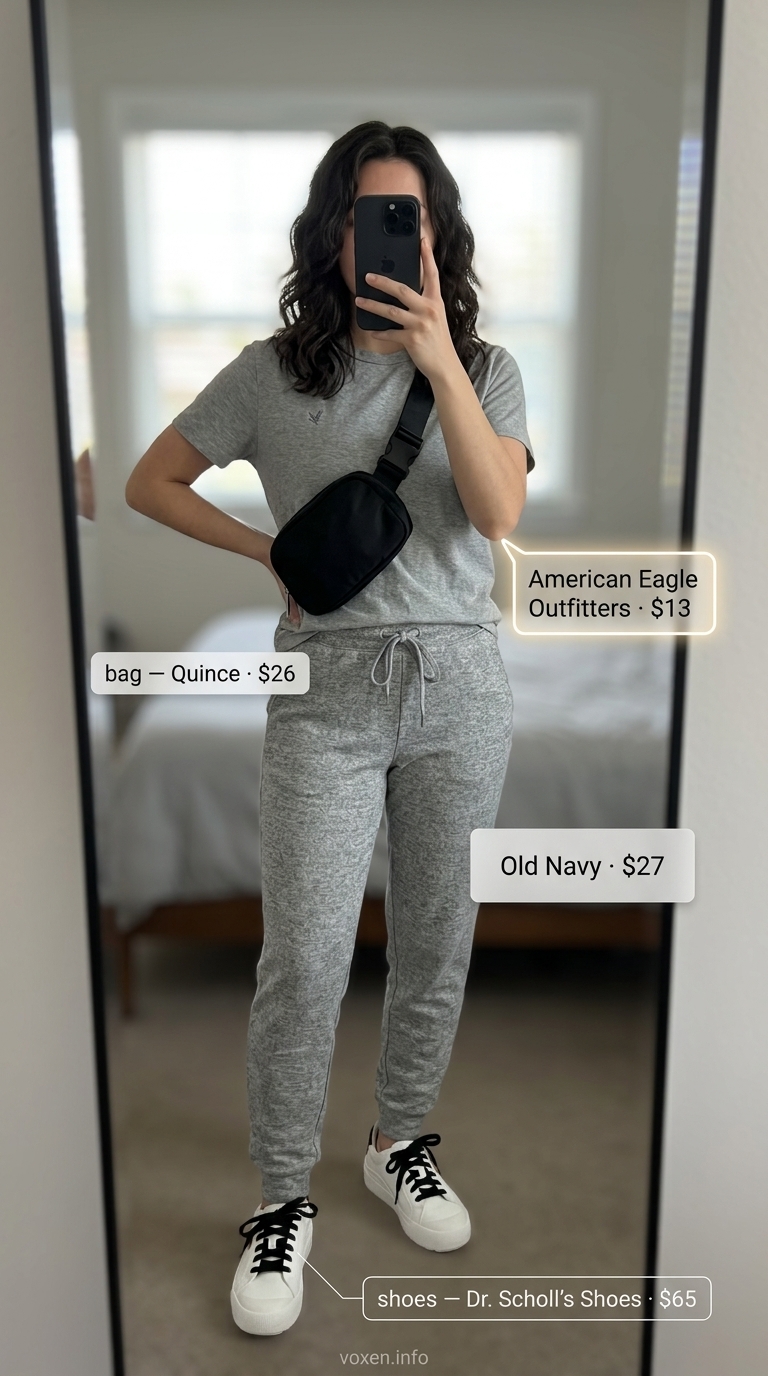 Casual summer t-shirt outfit for women 2026: Grey graphic tee, black joggers, fashion sneakers, belt bag.