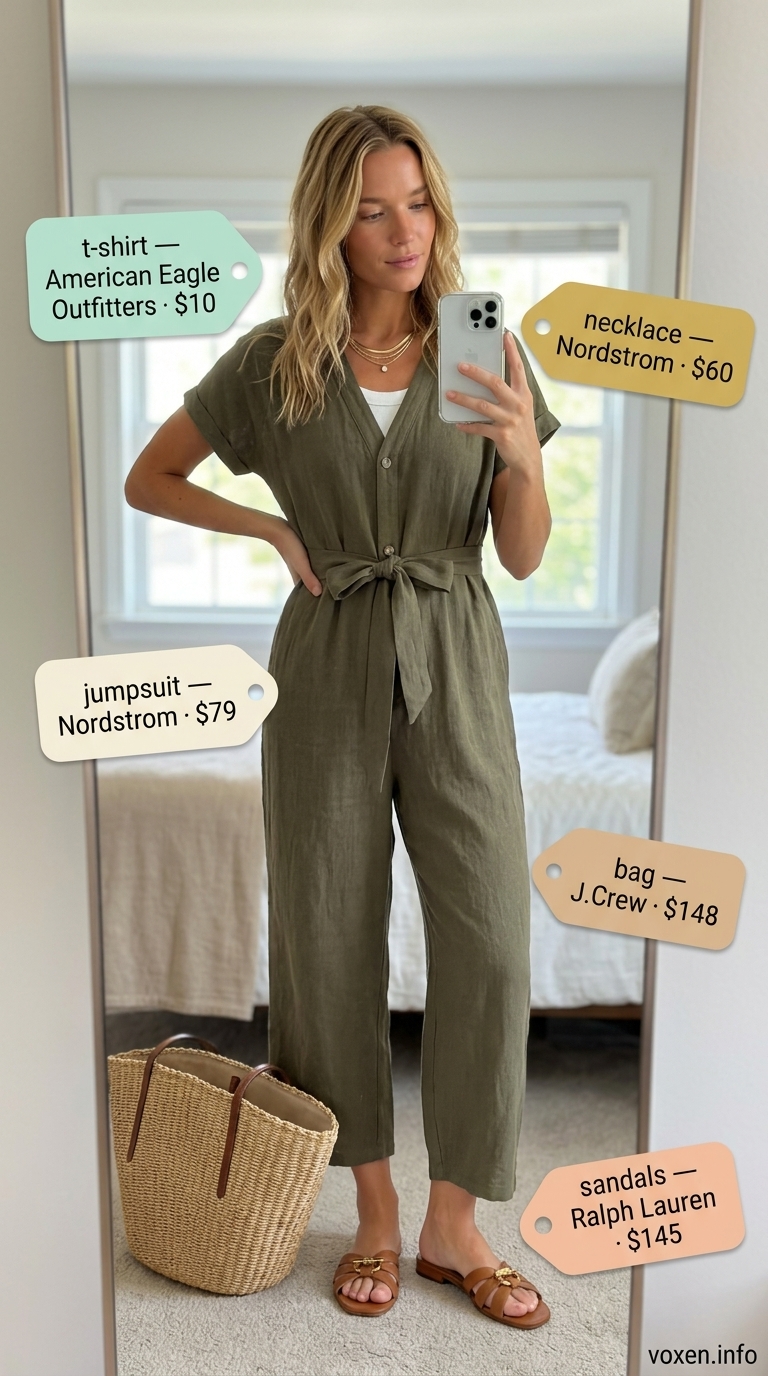 Casual summer t-shirt outfit for women 2026: Khaki utility jumpsuit, white tank, straw bag.