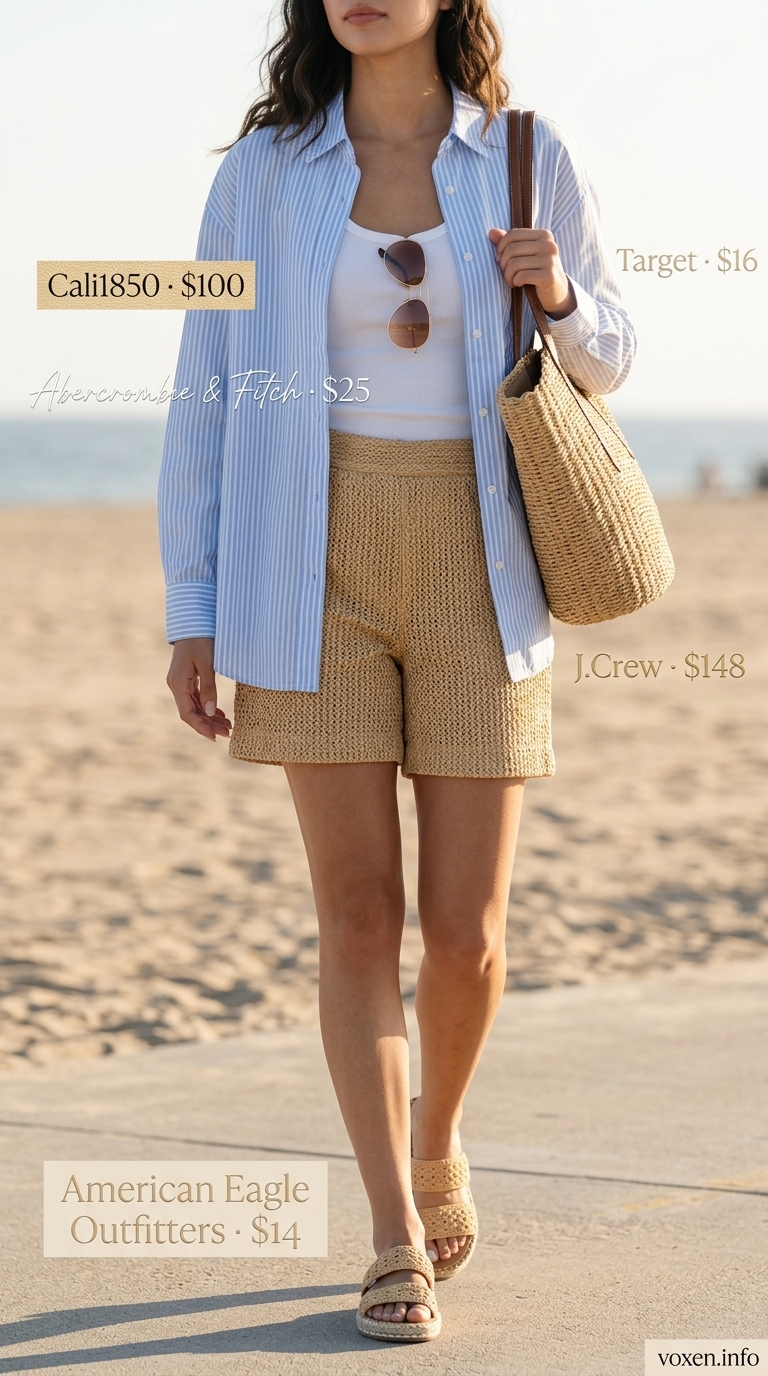 Coastal Breeze linen set: blue & white striped shorts & shirt with white tank. Casual summer t-shirt outfit for women 2026.