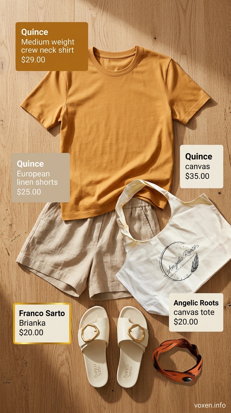 Casual summer t-shirt outfit for women 2026: Mustard tee, linen shorts, canvas tote.