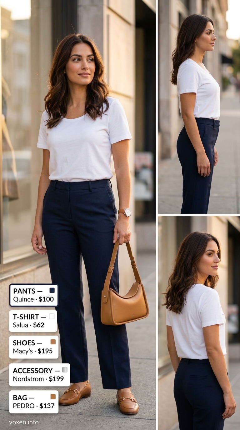 Casual summer t-shirt outfit for women 2026: Navy pants, white tee, tan loafers, leather bag.