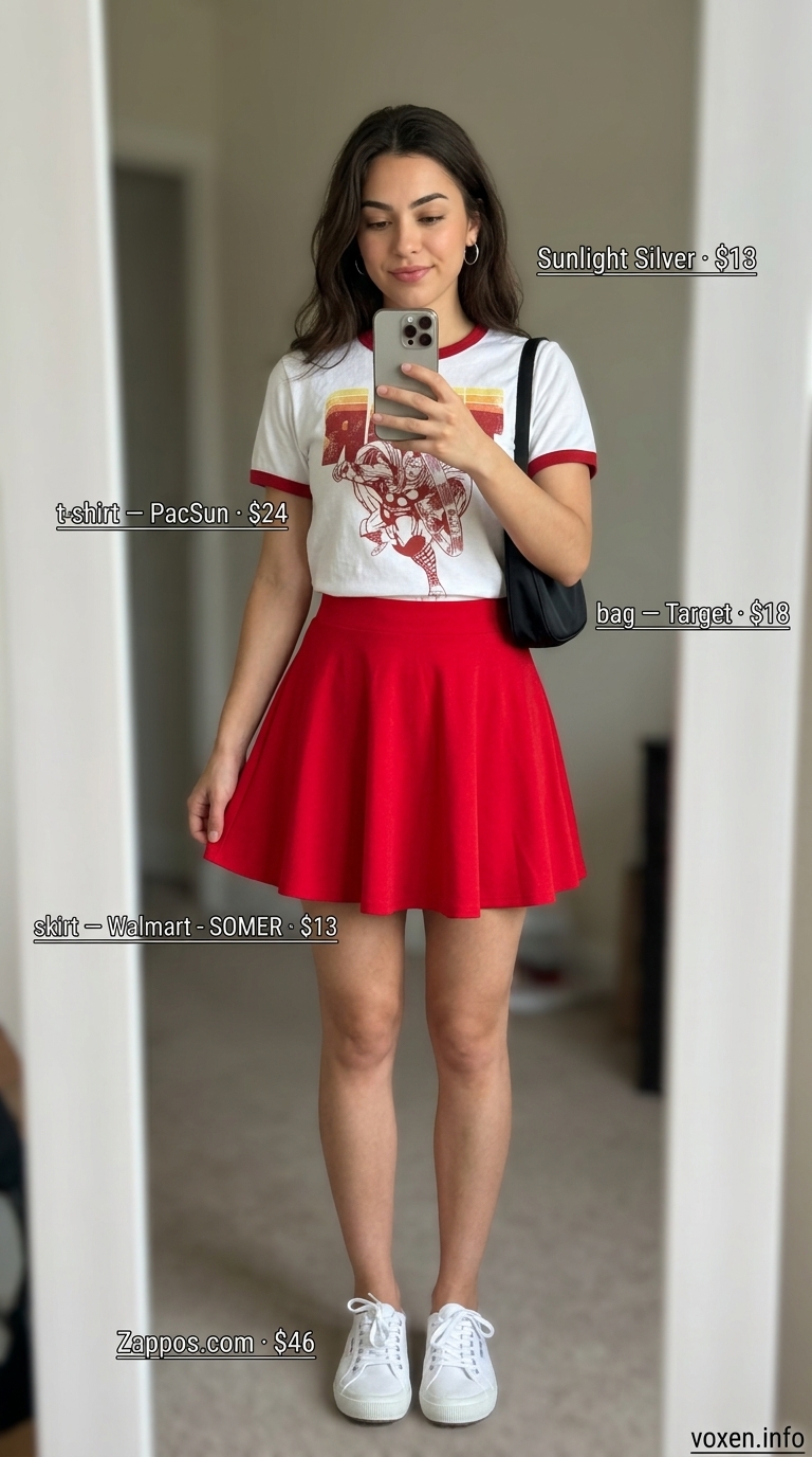 Casual summer t-shirt outfit for women 2026: Red mini skirt, graphic tee, white sneakers.