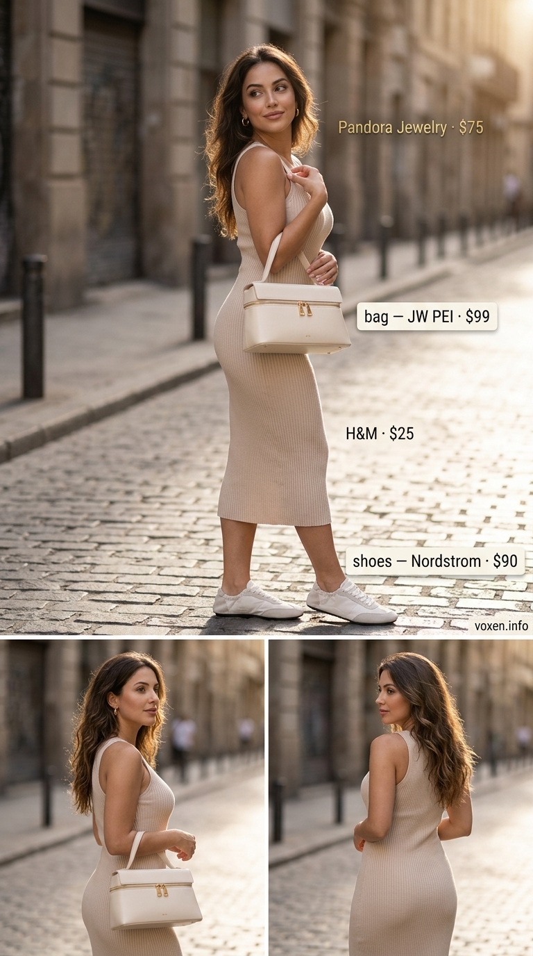 Casual summer t-shirt outfit for women 2026: Light beige knit t-shirt dress, white sneakers, cream bag.