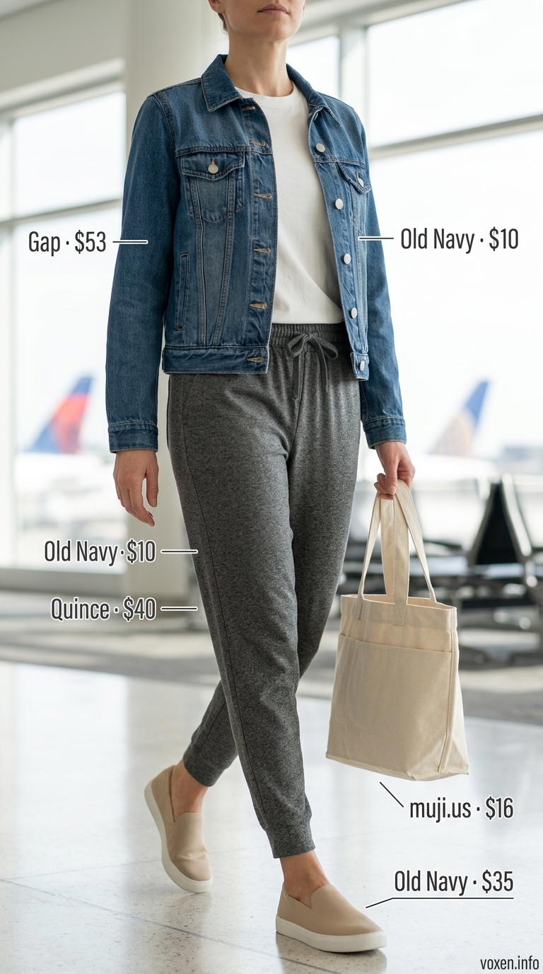 Casual summer t-shirt outfit for women 2026: Grey joggers, white tee, denim jacket, canvas tote.