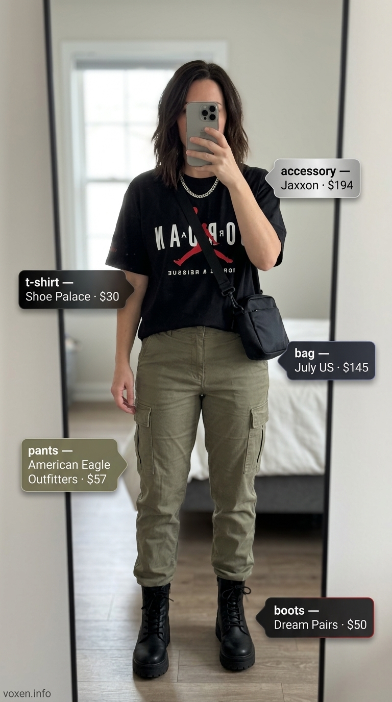 Urban Explorer casual summer t-shirt outfit for women 2026: graphic tee, olive cargo pants, combat boots.