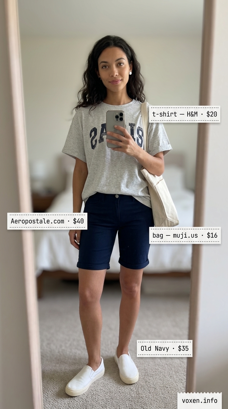Weekend Getaway Comfort casual summer t-shirt outfit for women 2026: grey graphic tee, navy Bermuda shorts, sneakers.