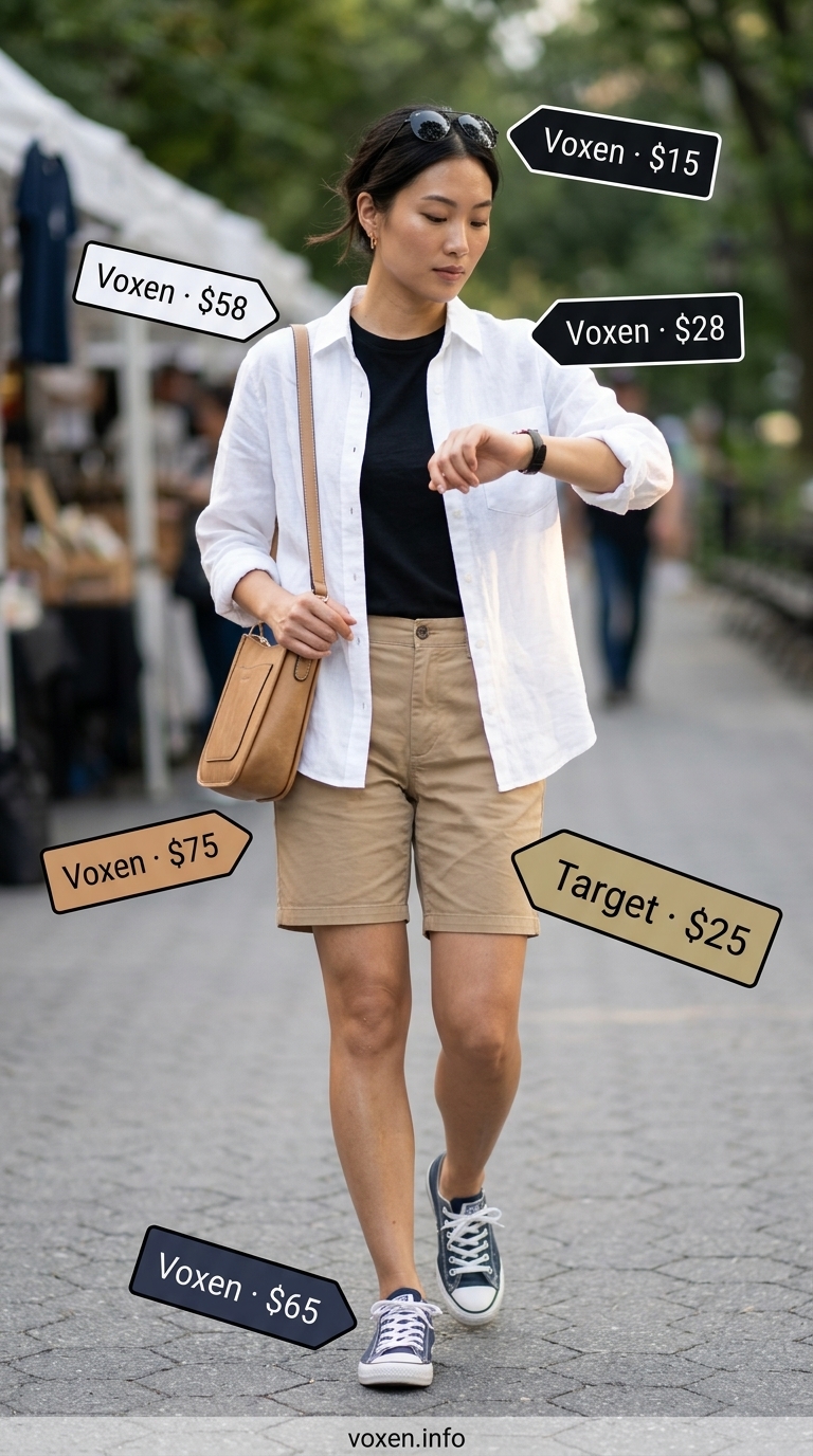 Weekend Getaway casual summer t-shirt outfit for women 2026: khaki shorts, white linen shirt, navy sneakers.