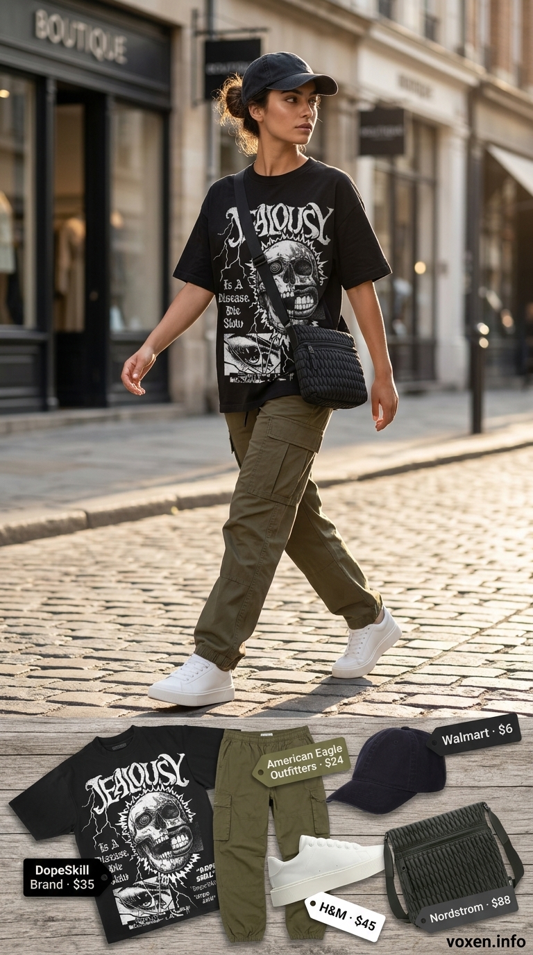 Casual summer t-shirt outfit for women 2026: Black graphic tee, olive cargo pants, white sneakers, black cap.