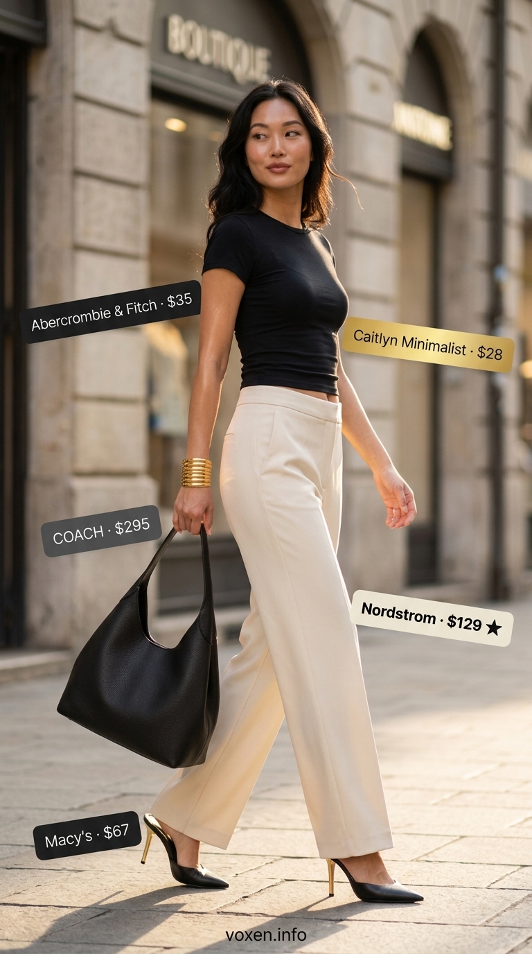 Casual summer t-shirt outfit for women 2026: Black tee, cream wide-leg pants, black mules, gold bracelet.