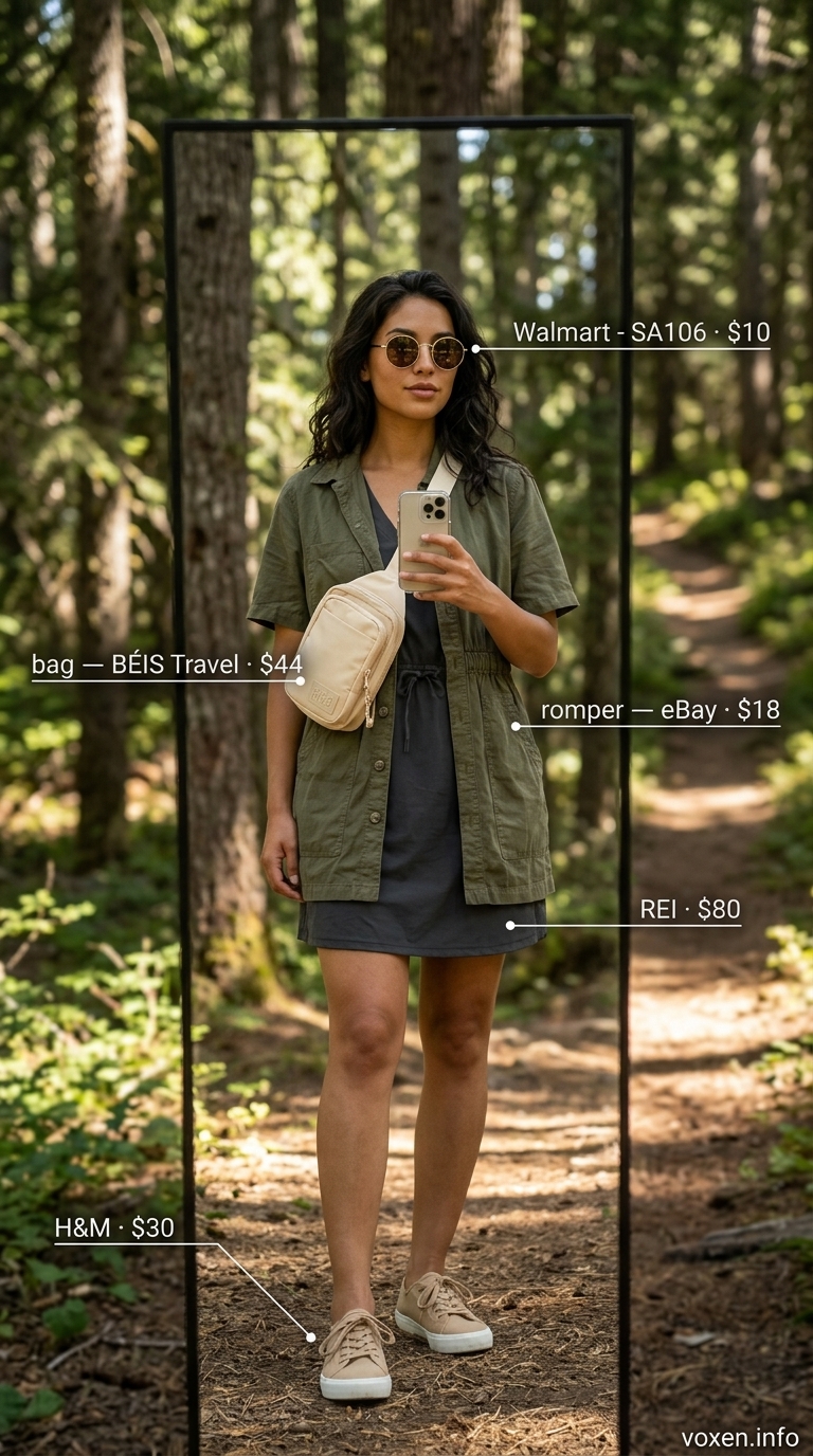 Casual weekend outfit: Olive green romper, tan sneakers, and crossbody bag for light hiking or picnics.