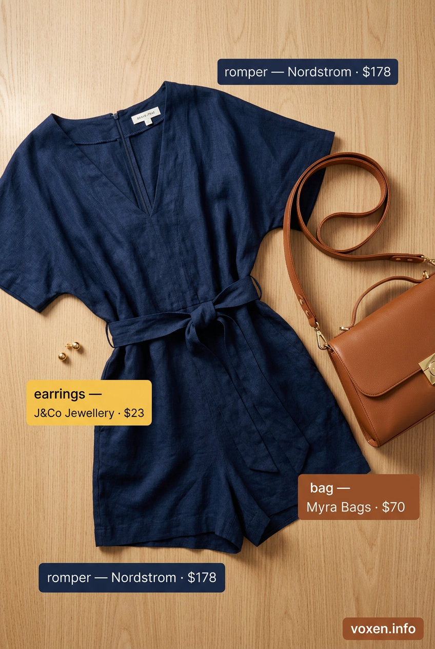 Chic navy blue linen blend romper for casual daytime events and brunch. Explore summer sleeveless tops for women 2026.