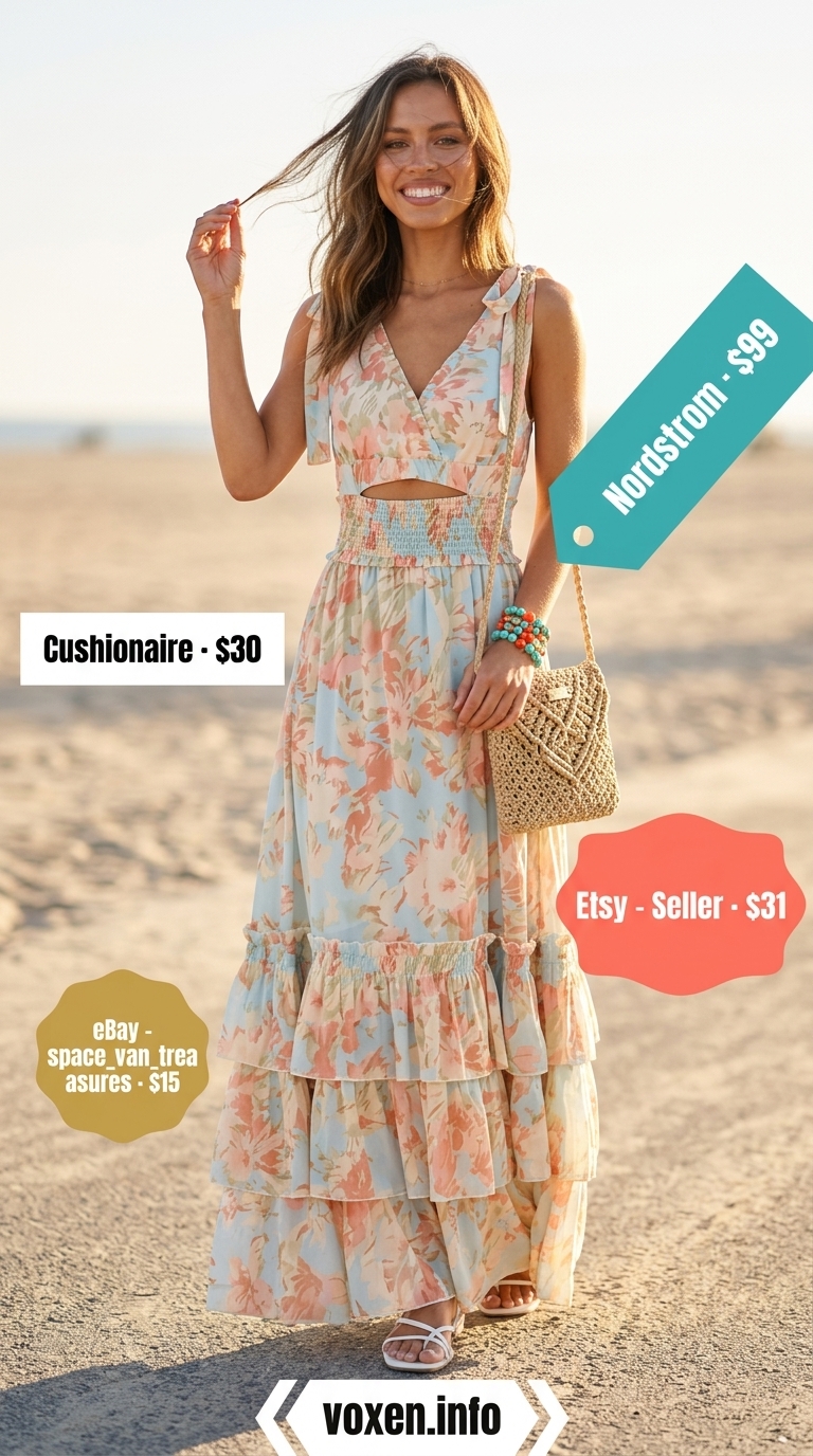 Chic summer outfit for women over 40 2026: Teal floral maxi dress, white sandals, straw bag.