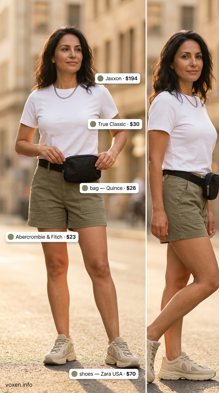 Chic summer outfit for women over 40 2026: Khaki cargo shorts, white tee, black belt bag, white sneakers.