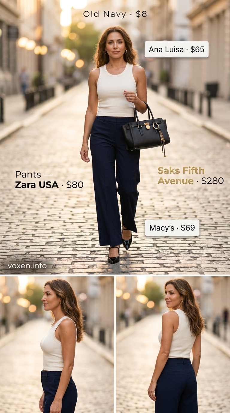 Chic summer outfit for women over 40 2026: Navy wide-leg trousers, cream ribbed tank, black pumps.